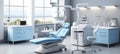 Bright and inviting modern dental clinic with a serene color palette of light blue and white tones