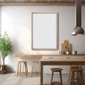 Modern Kitchen and Dining Area with Blank Vertical Frame Mockup Royalty Free Stock Photo