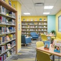 Modern Library Interior with Colorful Bookshelves and Seating Areas Royalty Free Stock Photo