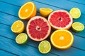 Bright and juicy oranges, grapefruits, limes and lemons lie on a blue wooden table Royalty Free Stock Photo