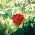 Bright juicy ripe strawberries in the garden. Sweet tasty red berry on a green blurred background. Strawberry on a bush Royalty Free Stock Photo