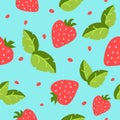 Bright and juicy seamless pattern with strawberries and leaves on a blue background.