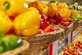 Bright juicy vegetables on a store counter. Close-up. Side view. Strengthening immunity during the coronavirus pandemic.