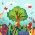 Bright jungle tales landscape. Children forest. Mysterious grass and leaves. Wild big fairy tree. Enchanted garden