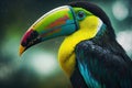 A bright keel billed toucan bird is shown up close