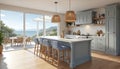 Bright kitchen in coastal style. Light interior with island, stools. Big panoramic window overlooking sea. Dining table on Royalty Free Stock Photo