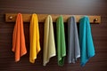 Bright Kitchen colorful towels hanging on rack. Generate AI