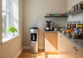 Bright kitchen corner with a coffee machine on a wooden cabinet, surrounded by various jars filled Royalty Free Stock Photo