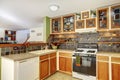 Bright kitchen interior with brown tile and colourful cabinets Royalty Free Stock Photo