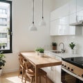 Bright kitchen interior in modern apartment for rent sale and blogging Kettle and utensils on white furniture small