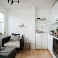 Bright kitchen interior in modern apartment for rent sale and blogging Kettle and utensils on white furniture small Royalty Free Stock Photo