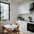 Bright kitchen interior in modern apartment for rent sale and blogging Kettle and utensils on white furniture small Royalty Free Stock Photo