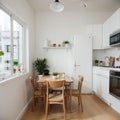 Bright kitchen interior in modern apartment for rent sale and blogging Kettle and utensils on white furniture small Royalty Free Stock Photo