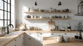 Bright kitchen with open shelves displaying dishware and food storage containers in a modern setting Royalty Free Stock Photo