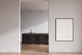 Bright kitchen room interior with island, empty white poster