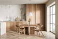 Bright kitchen room interior with panoramic window, four chairs