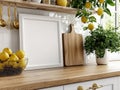 bright kitchen scene featuring empty white frame, wooden cutting board, and fresh lemons Royalty Free Stock Photo