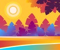 Bright landscape with panoramic view of palm trees and leaves silhouette on ocean beach. Vector illustration. Abstract sunset Royalty Free Stock Photo