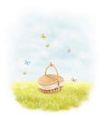 Watercolor illustration with landscape scenery summer meadow, sky, wicker picnic basket and butterflies Royalty Free Stock Photo