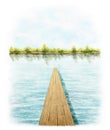 Watercolor illustration with landscape scenery with pier on the river