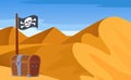 Bright landscape, view of desert with mountains, hills, loose sand, endless expanses with pirate wooden treasure chest, pirate