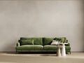 Bright large living room with green couch. Modern interior design. Space beige background for mockup. 3d rendering Royalty Free Stock Photo
