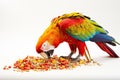 A bright large multi-colored Macaw parrot eats bird food, grain on a white background.