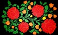 Bright large roses and other flowers painted on a black background. Pastiche of traditional Russian national pattern khokhloma.