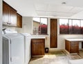 Bright laundry room with dark brown cabinets