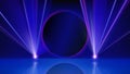 Bright LED laser beam and round screen for presentation. Illuminated blue stage, led strobe lights. Background, backdrop for
