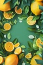 Bright lemon top view mockup. Lemon and green branches in layered paper cut style. Green background, vibrant citrus fruits, empty