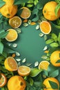 Bright lemon top view mockup. Lemon and green branches in layered paper cut style. Green background, vibrant citrus fruits, empty