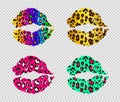 Bright leopard lips set on a transparent background. Painted multicolored female lips. Vector illustration.