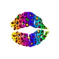 Bright leopard lips on a white background. Rainbow. Painted colored female lips. Vector hand-drawn illustration.