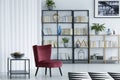 Bright library living room interior with potted plants and burgundy armchair