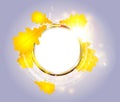 Bright light autumn floral concept with round golden frame and yellow oak leaves