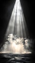 Bright Light Beam Shining Through Smoke Onto Dark Ground With Water Reflections Royalty Free Stock Photo