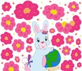 Bright light blue pink smiling cartoon bunny rabbit holding earth globe color illustration 2021