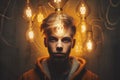 bright light bulb floating above of young scandinavian man's head. generative ai AIG32 Royalty Free Stock Photo