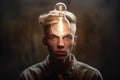 bright light bulb floating above of young scandinavian man& x27;s head. generative ai AIG32 Royalty Free Stock Photo