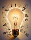 Glowing Light Bulb with Innovation Sketches Royalty Free Stock Photo