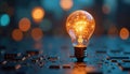 Bright light bulb glows with interconnected lines inside, like brain network. Sits on detailed circuit board with microchips. Royalty Free Stock Photo