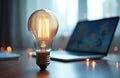 Bright light bulb near laptop. Idea of online learning education, remote work, e-learning from home concept. Digital technologies Royalty Free Stock Photo