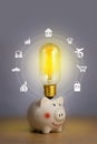 A bright light bulb is placed on the piggy bank, Piggy for saving money for Investment savings