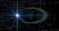 Bright light burst emitting rainbow lens flare on chalkboard surface, with integrals and graphs Royalty Free Stock Photo