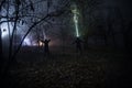 strange light in a dark forest at night. Silhouette of person standing in the dark forest with light. Dark night in forest at fog Royalty Free Stock Photo