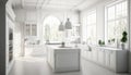 Bright, light-flooded white kitchen with cooking island and large window, 3D rendering.