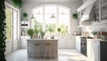 Bright, light-flooded white kitchen with cooking island and large window, 3D rendering.