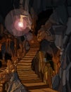 Bright light illuminates a long stone staircase descending into a cave