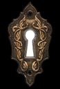 Bright light in the keyhole, decorative design element, isolated on black background